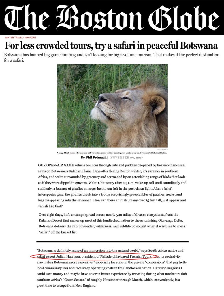 Premier Tours' Africa expert and president featured in The Boston Globe article "For less crowded tours, try a safari in peaceful Botswana"